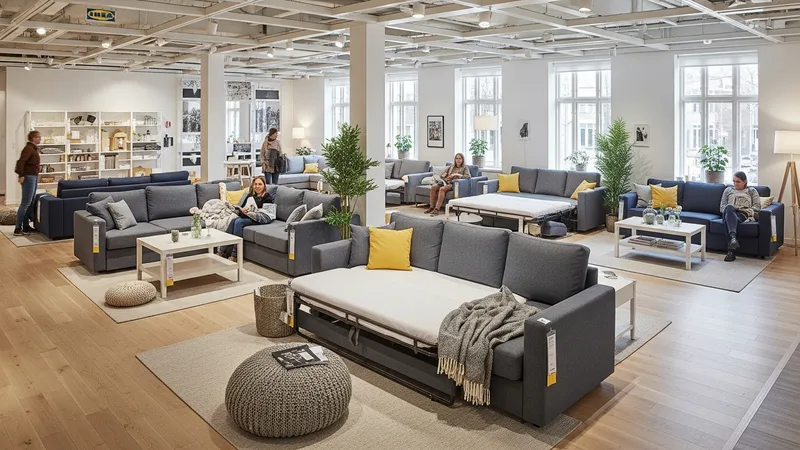 Showroom canapé convertible style Ikea dans un salon scandinave