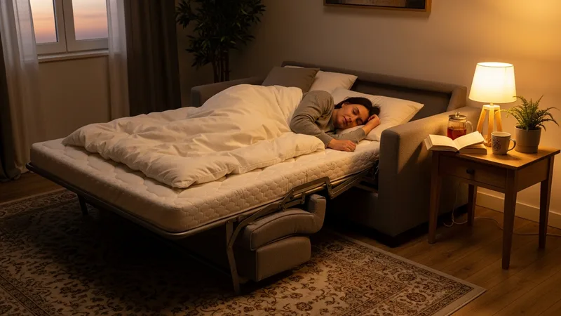 Canapé convertible ouvert avec draps et oreillers pour couchage quotidien